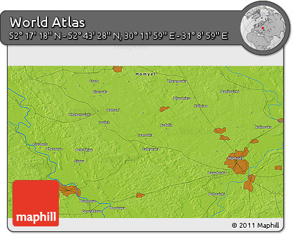 Physical 3D Map of the Area around 52° 30' 23" N, 30° 40' 29" E