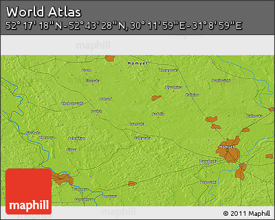 Physical 3D Map of the Area around 52° 30' 23" N, 30° 40' 29" E