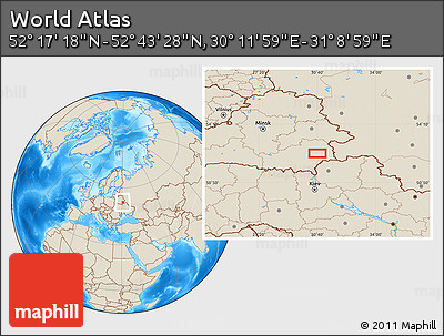 Shaded Relief Location Map of the Area around 52° 30' 23" N, 30° 40' 29" E