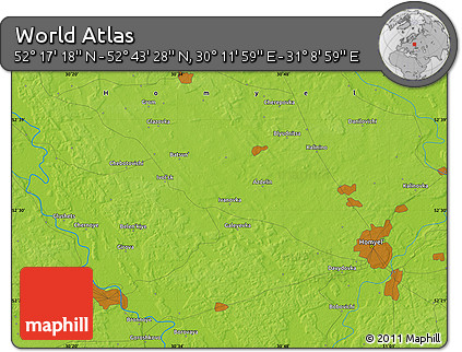 Physical Map of the Area around 52° 30' 23" N, 30° 40' 29" E