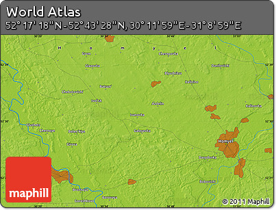 Physical Map of the Area around 52° 30' 23" N, 30° 40' 29" E
