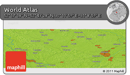 Physical Panoramic Map of the Area around 52° 30' 23" N, 30° 40' 29" E