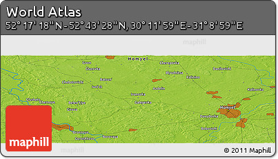 Physical Panoramic Map of the Area around 52° 30' 23" N, 30° 40' 29" E