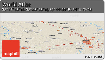 Shaded Relief Panoramic Map of the Area around 52° 30' 23" N, 30° 40' 29" E