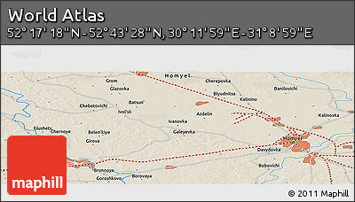 Shaded Relief Panoramic Map of the Area around 52° 30' 23" N, 30° 40' 29" E