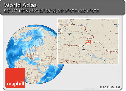 Shaded Relief Location Map of the Area around 52° 30' 23" N, 31° 31' 29" E