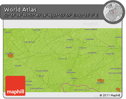 Physical 3D Map of the Area around 52° 30' 23" N, 32° 22' 30" E