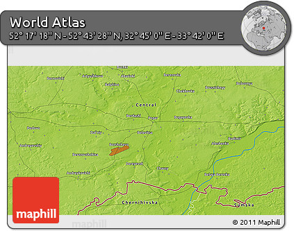 Physical 3D Map of the Area around 52° 30' 23" N, 33° 13' 30" E