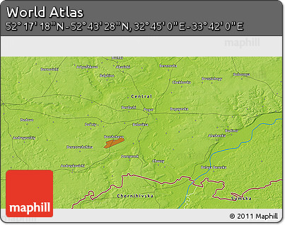 Physical 3D Map of the Area around 52° 30' 23" N, 33° 13' 30" E