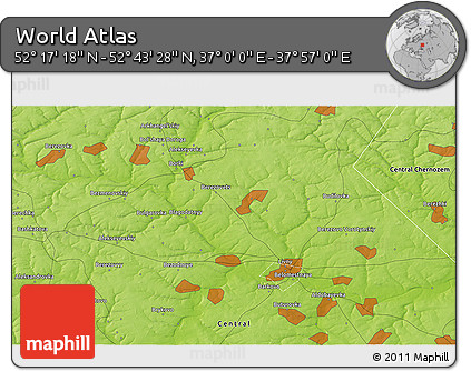 Physical 3D Map of the Area around 52° 30' 23" N, 37° 28' 30" E