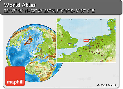 Physical Location Map of the Area around 52° 30' 23" N, 3° 28' 30" E