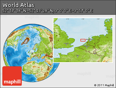Physical Location Map of the Area around 52° 30' 23" N, 3° 28' 30" E