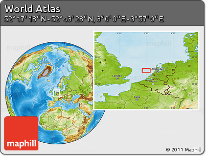 Physical Location Map of the Area around 52° 30' 23" N, 3° 28' 30" E