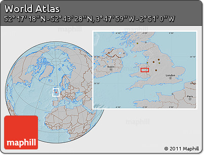 Gray Location Map of the Area around 52° 30' 23" N, 3° 19' 30" W, hill shading