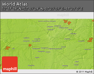 Physical 3D Map of the Area around 52° 30' 23" N, 40° 52' 30" E