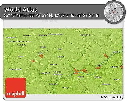 Physical 3D Map of the Area around 52° 30' 23" N, 43° 25' 29" E