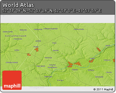 Physical 3D Map of the Area around 52° 30' 23" N, 43° 25' 29" E