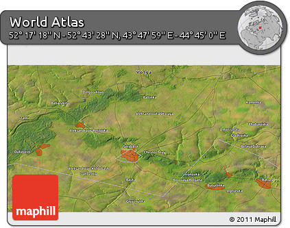 Satellite 3D Map of the Area around 52° 30' 23" N, 44° 16' 29" E