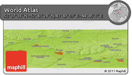 Physical Panoramic Map of the Area around 52° 30' 23" N, 44° 16' 29" E