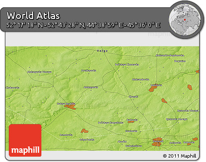 Physical 3D Map of the Area around 52° 30' 23" N, 45° 7' 30" E