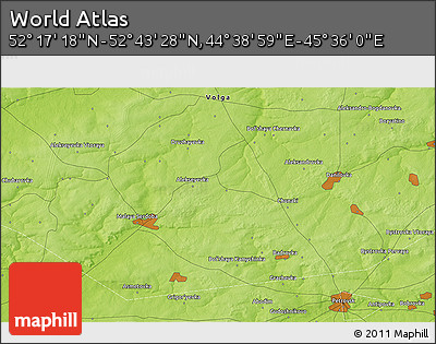 Physical 3D Map of the Area around 52° 30' 23" N, 45° 7' 30" E