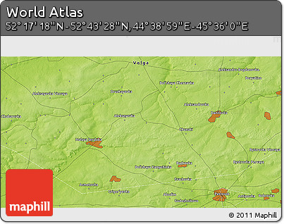 Physical 3D Map of the Area around 52° 30' 23" N, 45° 7' 30" E
