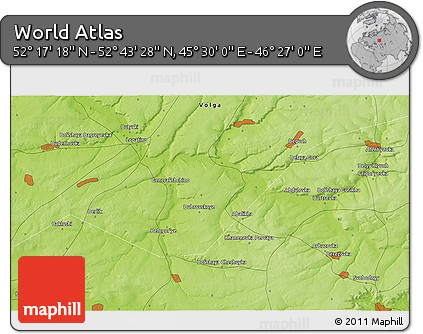 Physical 3D Map of the Area around 52° 30' 23" N, 45° 58' 30" E
