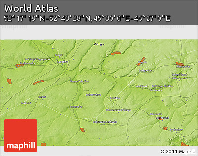 Physical 3D Map of the Area around 52° 30' 23" N, 45° 58' 30" E