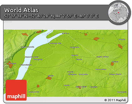 Physical 3D Map of the Area around 52° 30' 23" N, 48° 31' 29" E