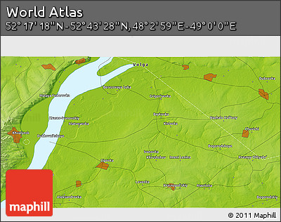 Physical 3D Map of the Area around 52° 30' 23" N, 48° 31' 29" E