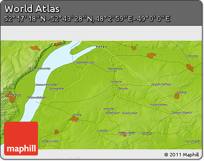 Physical 3D Map of the Area around 52° 30' 23" N, 48° 31' 29" E