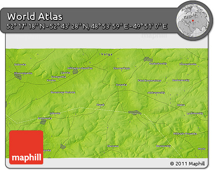 Physical 3D Map of the Area around 52° 30' 23" N, 49° 22' 30" E