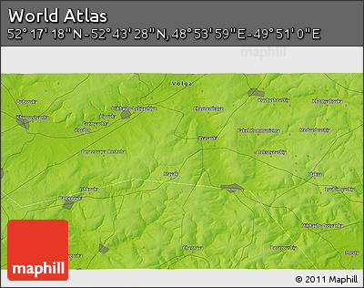 Physical 3D Map of the Area around 52° 30' 23" N, 49° 22' 30" E