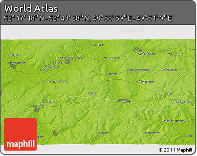 Physical 3D Map of the Area around 52° 30' 23" N, 49° 22' 30" E