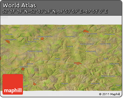 Satellite 3D Map of the Area around 52° 30' 23" N, 49° 22' 30" E