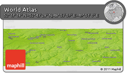 Physical Panoramic Map of the Area around 52° 30' 23" N, 49° 22' 30" E