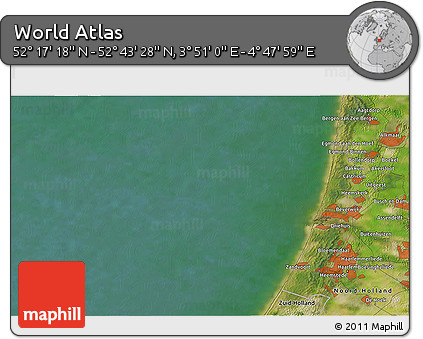 Satellite 3D Map of the Area around 52° 30' 23" N, 4° 19' 30" E