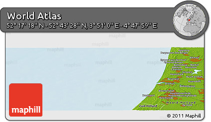 Physical Panoramic Map of the Area around 52° 30' 23" N, 4° 19' 30" E