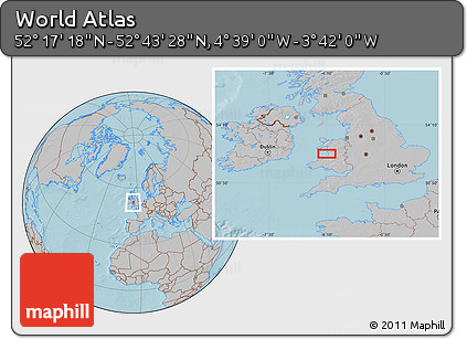 Gray Location Map of the Area around 52° 30' 23" N, 4° 10' 30" W, hill shading