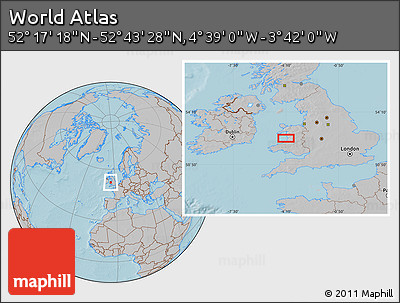 Gray Location Map of the Area around 52° 30' 23" N, 4° 10' 30" W, hill shading
