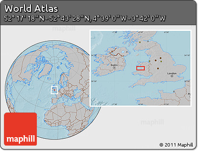 Gray Location Map of the Area around 52° 30' 23" N, 4° 10' 30" W, hill shading