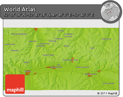 Physical 3D Map of the Area around 52° 30' 23" N, 50° 13' 30" E