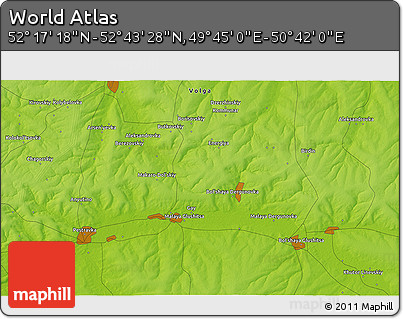 Physical 3D Map of the Area around 52° 30' 23" N, 50° 13' 30" E