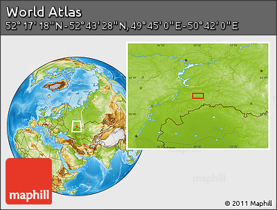 Physical Location Map of the Area around 52° 30' 23" N, 50° 13' 30" E
