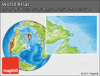 Physical Location Map of the Area around 52° 30' 23" N, 55° 10' 29" W