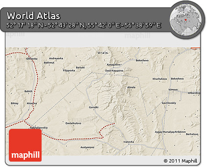 Shaded Relief 3D Map of the Area around 52°&nbsp;30'&nbsp;23"&nbsp;N,&nbsp;56°&nbsp;10'&nbsp;29"&nbsp;E