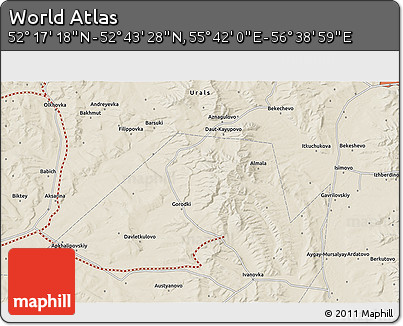 Shaded Relief 3D Map of the Area around 52°&nbsp;30'&nbsp;23"&nbsp;N,&nbsp;56°&nbsp;10'&nbsp;29"&nbsp;E