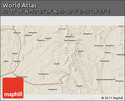 Shaded Relief 3D Map of the Area around 52°&nbsp;30'&nbsp;23"&nbsp;N,&nbsp;56°&nbsp;10'&nbsp;29"&nbsp;E