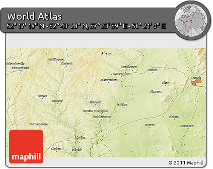 Physical 3D Map of the Area around 52° 30' 23" N, 57° 52' 30" E