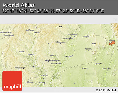 Physical 3D Map of the Area around 52° 30' 23" N, 57° 52' 30" E